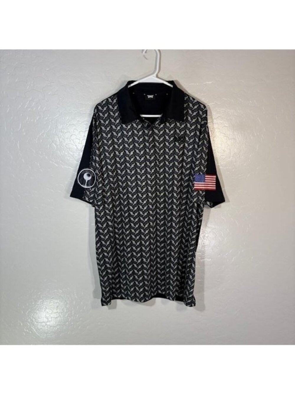 PXG Polo Shirt Mens Large Black Cactus Print USA Flag Golf Mesh Performance Top